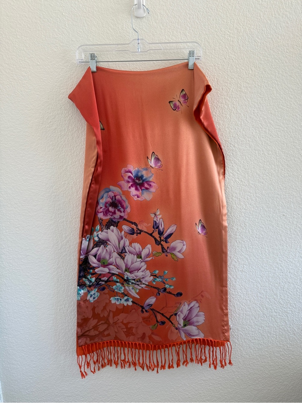 100% Mulberry Silk Wrap Doubled Lined with Fringe Floral and Butterfly Design